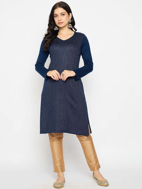 blue acrylic blend woolen kurta - 21670955 -  Standard Image - 0