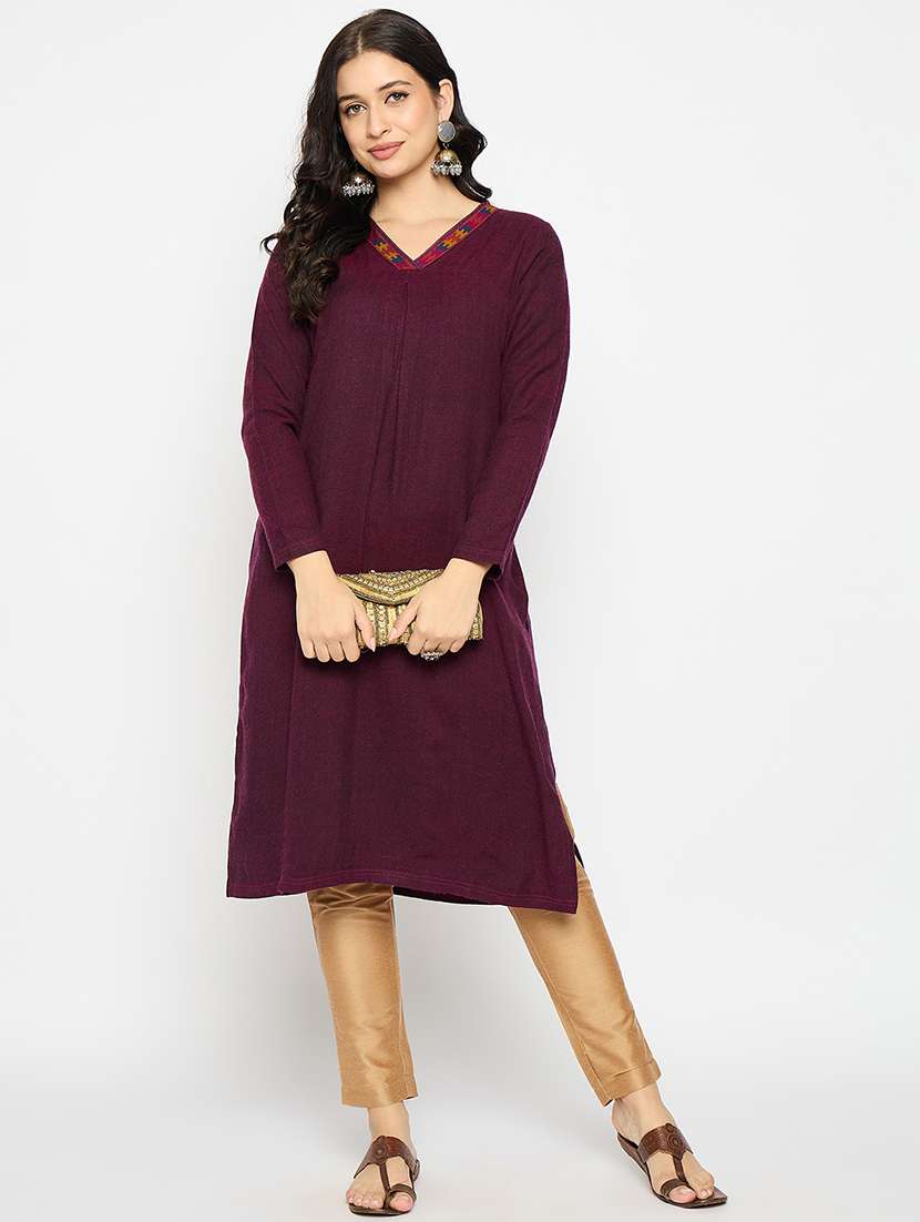 maroon acrylic blend woolen kurta - 21670956 -  Standard Image - 3
