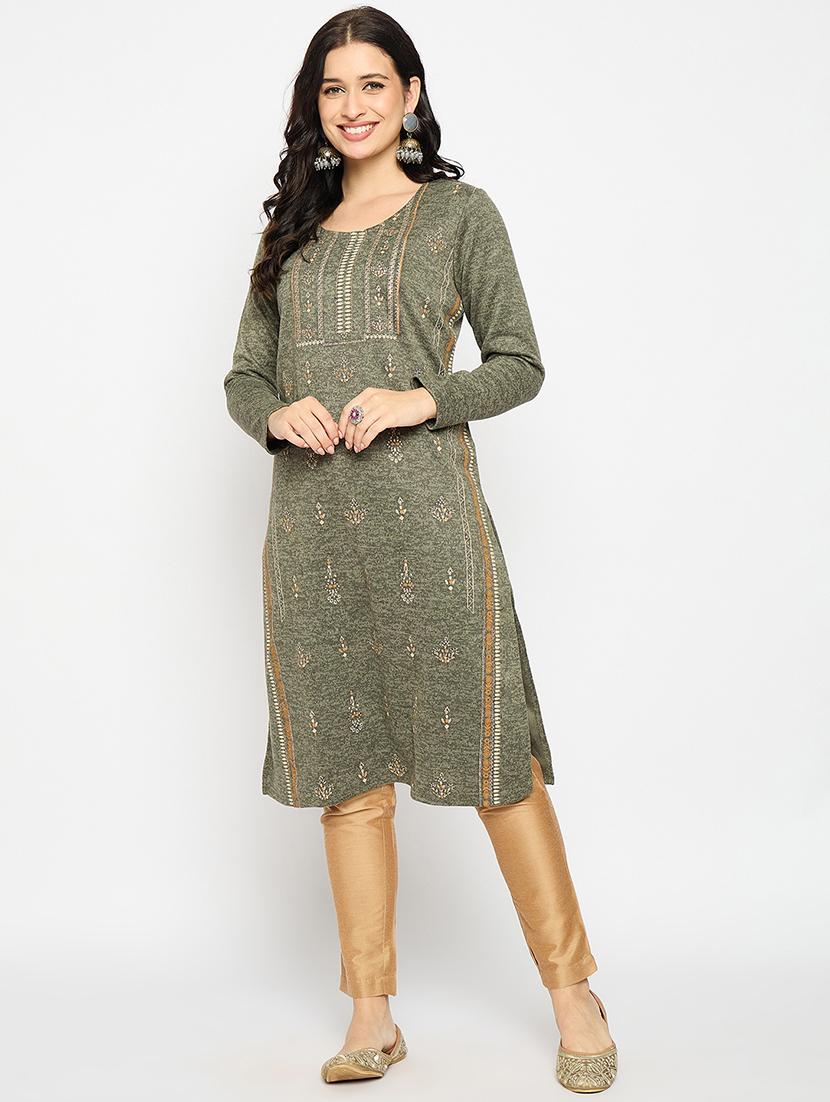 olive acrylic blend woolen kurta - 21670957 - Zoom Image - 0