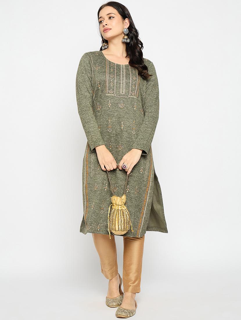 olive acrylic blend woolen kurta - 21670957 - Standard Image - 3