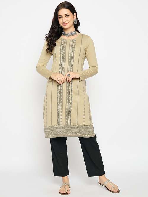 beige acrylic blend woolen kurta - 21670959 -  Standard Image - 0