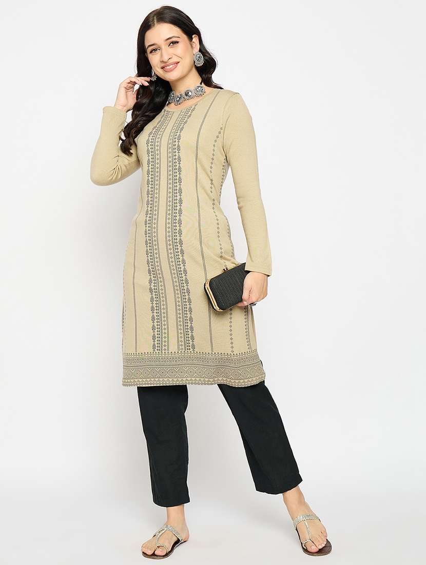 beige acrylic blend woolen kurta - 21670959 - Standard Image - 3
