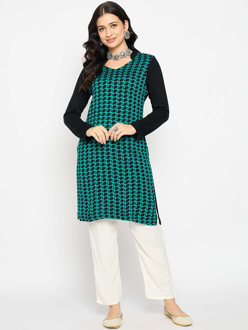women printed woolen long sleeve kurta