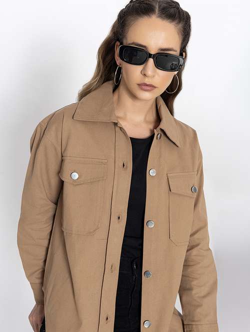 women solid cotton oversized shacket