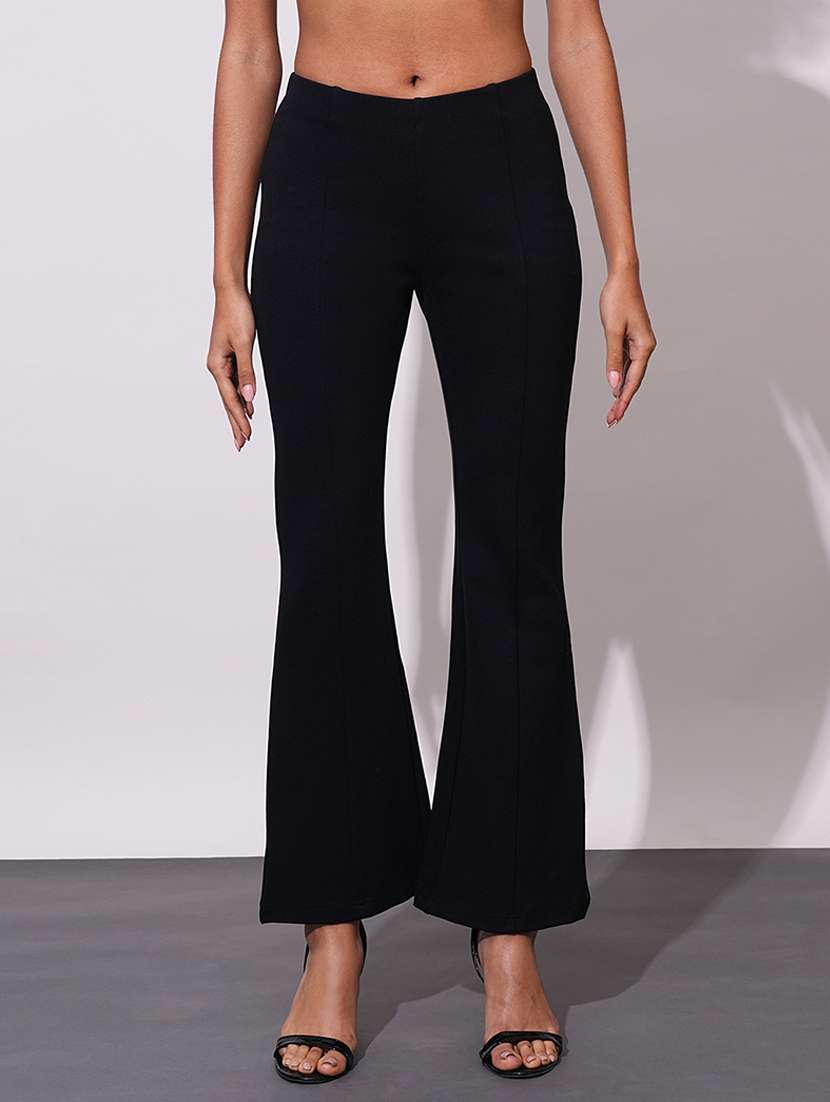 globus women black stretchable mid-rise workwear bootcut treggings