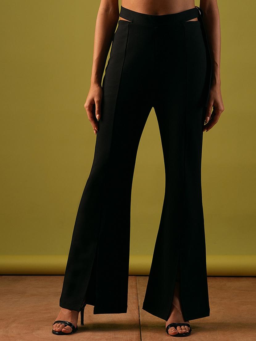 globus women black stretchable high-rise cut out detail waist tie-up front slit flared party treggings - 21671752 - Zoom Image - 0