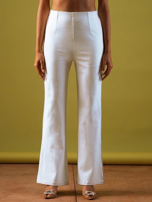 globus women white stretchable high-rise embellished side tape flared party treggings - 21671764 -  Standard Image - 0