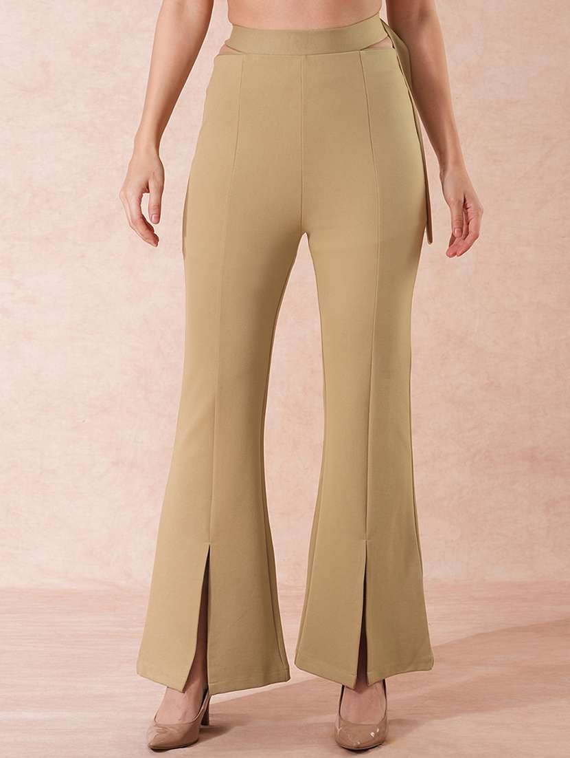 globus women camel stretchable high-rise front slit waist tie-up detail relaxed fit party wear treggings - 21671766 -  Zoom Image - 0