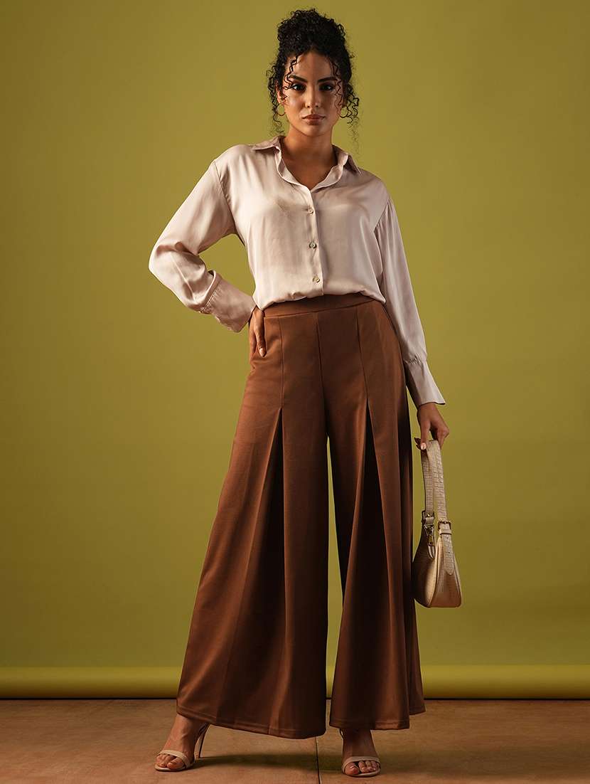 globus women rust solid stretchable high-rise pleated flared wide leg workwear treggings - 21671770 -  Standard Image - 3