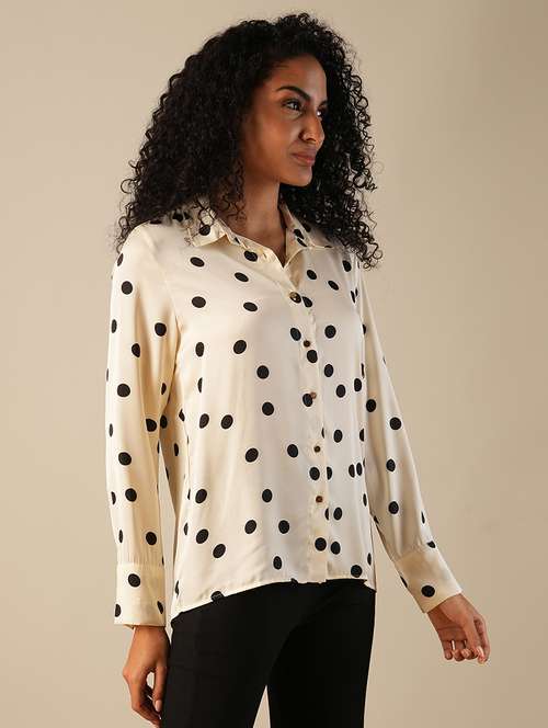 globus women white cuffed sleeves polka dots satin workwear shirt - 21671775 -  Standard Image - 0