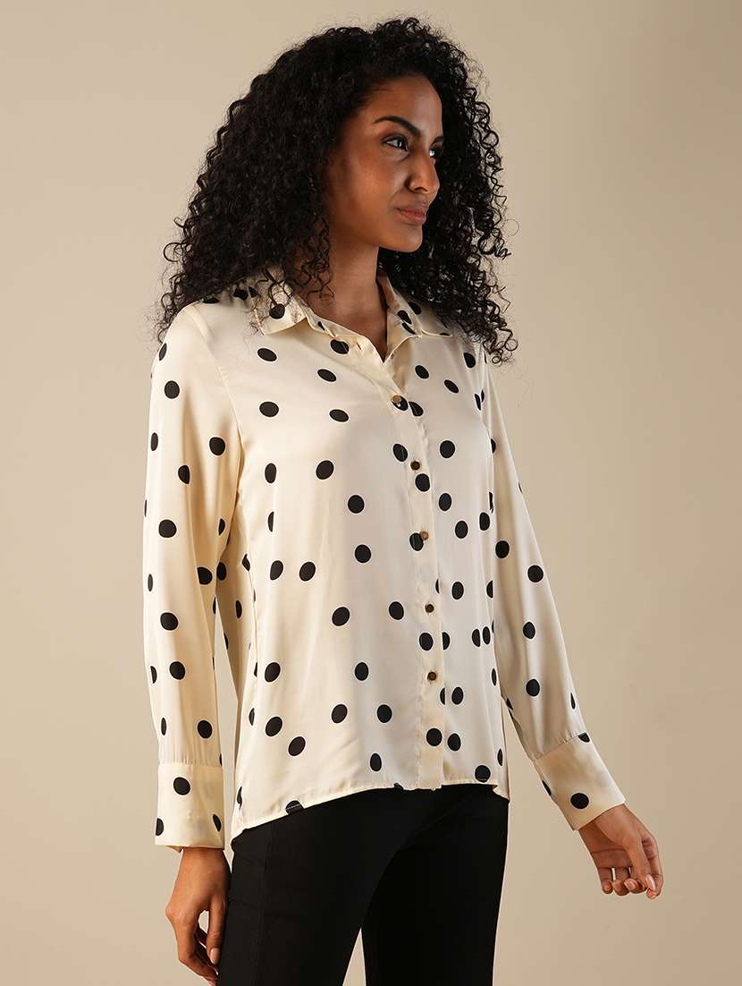 globus women white cuffed sleeves polka dots satin workwear shirt