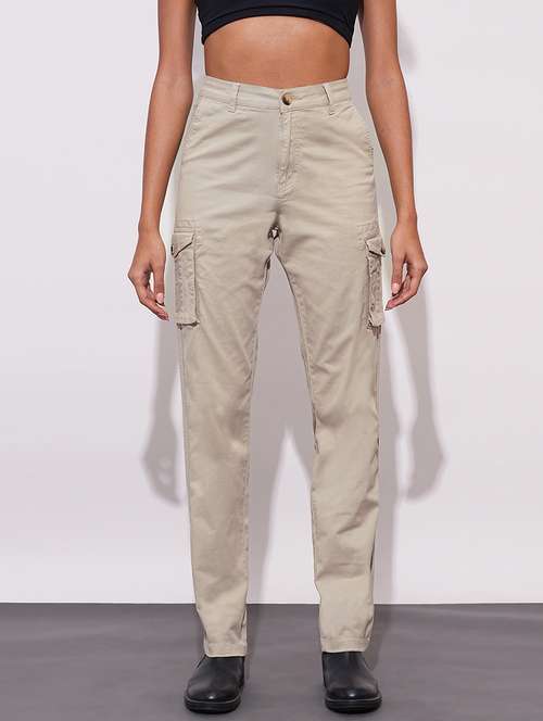 globus women beige cotton stretchable high-rise relaxed fit cargo trousers - 21671778 -  Standard Image - 0