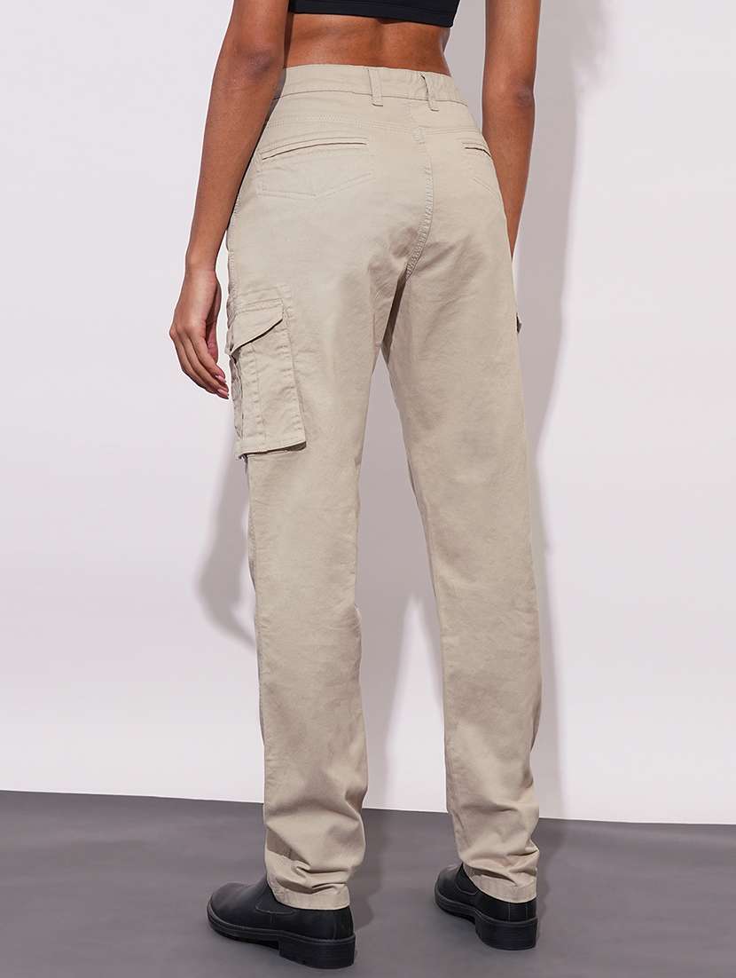 globus women beige cotton stretchable high-rise relaxed fit cargo trousers - 21671778 - Standard Image - 3
