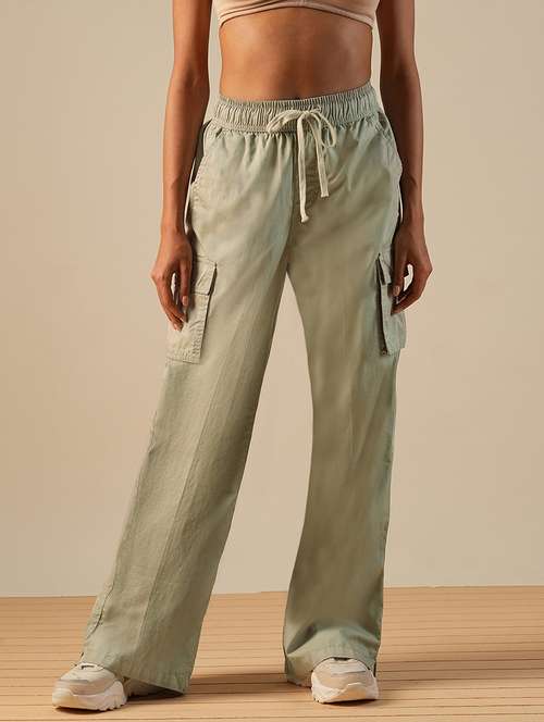 globus women beige cotton mid-rise elasticated waist relaxed fit wide leg cargo trousers - 21671779 -  Standard Image - 0