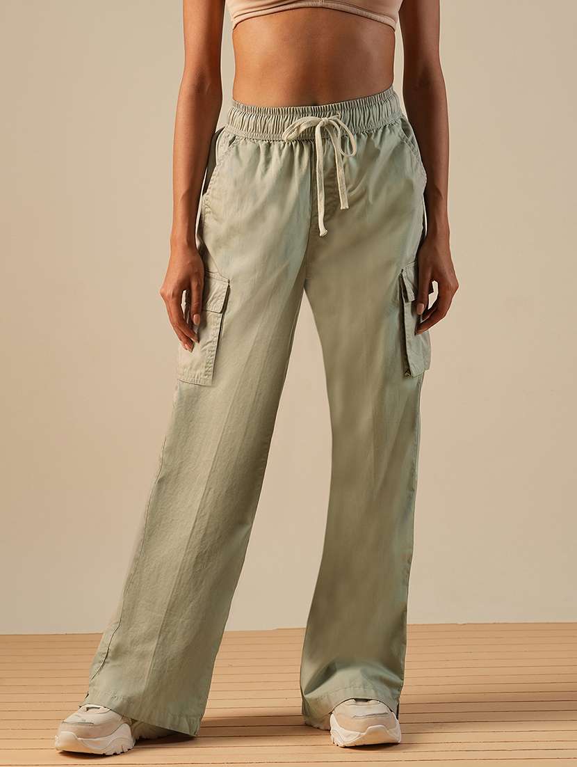 globus women beige cotton mid-rise elasticated waist relaxed fit wide leg cargo trousers - 21671779 -  Zoom Image - 0