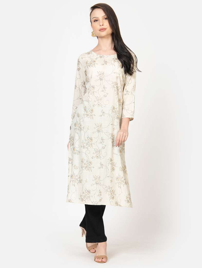 women off white floral round neck a-line kurta