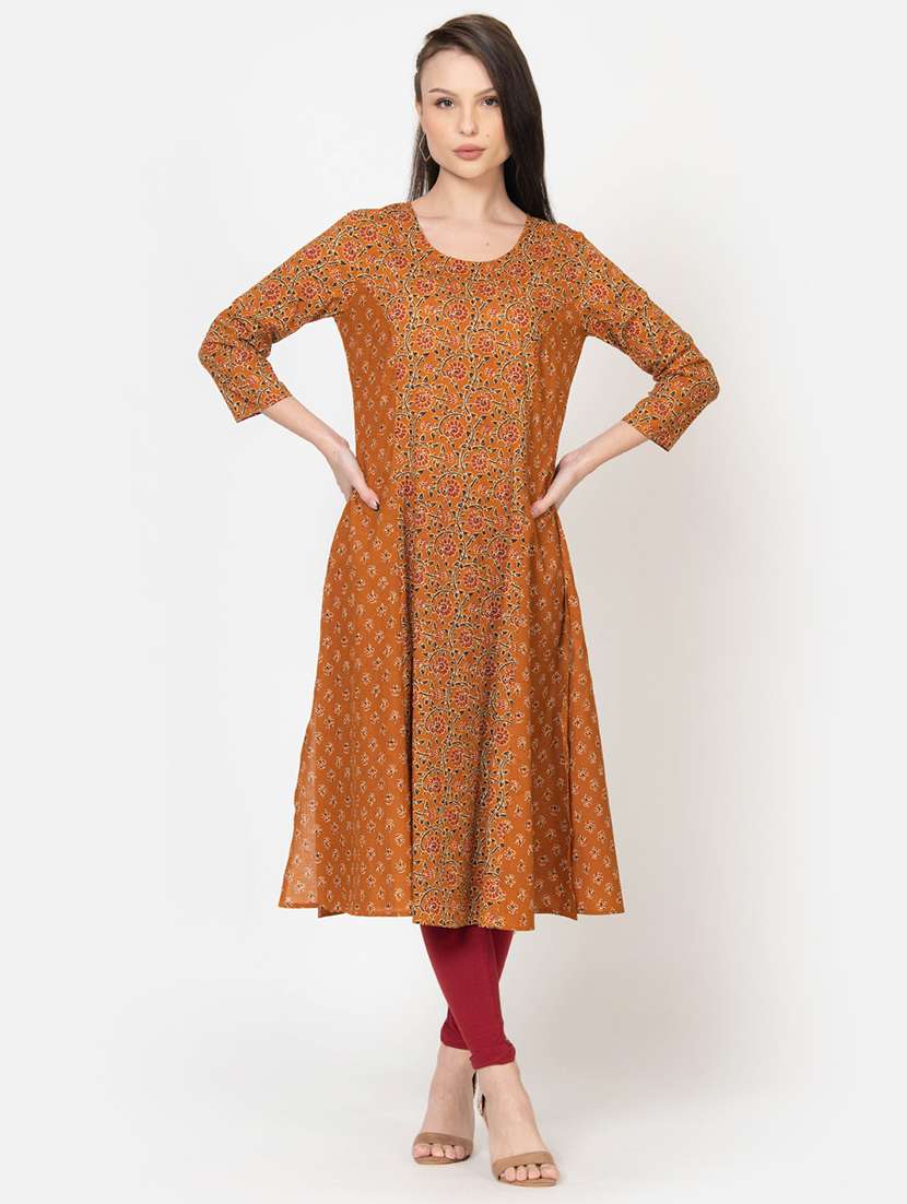 women mustard floral round neck a-line kurta