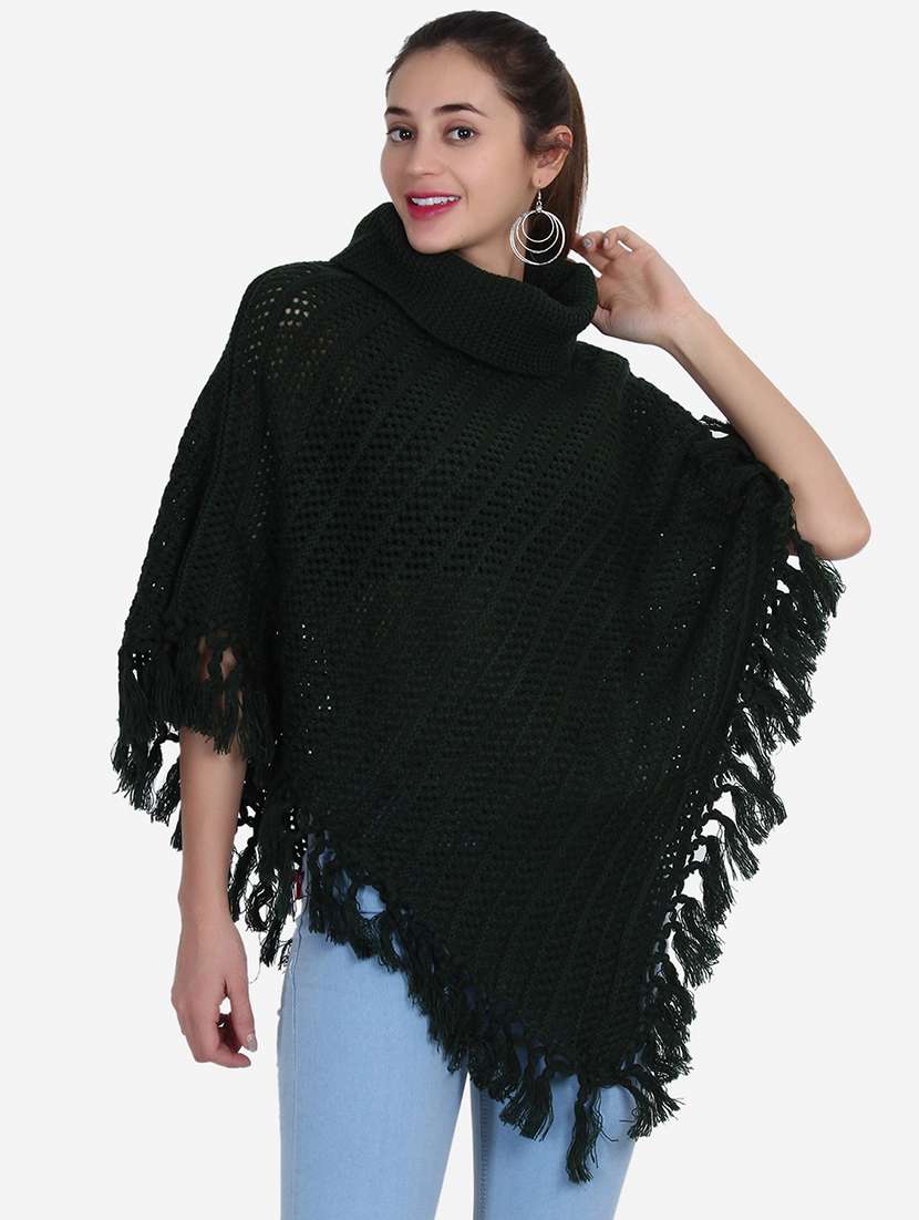 women solid high neck poncho