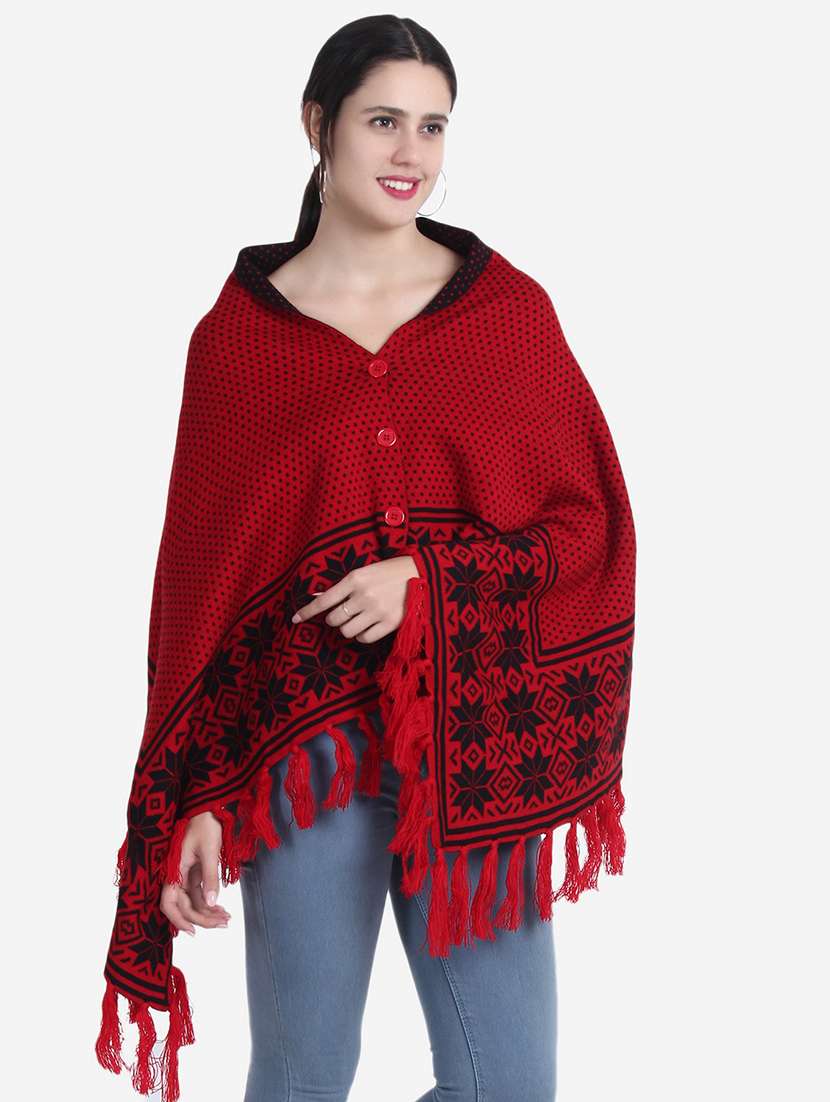women red self designed poncho