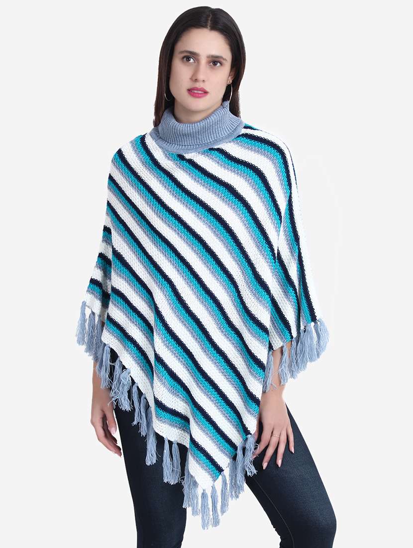 women striped high neck poncho