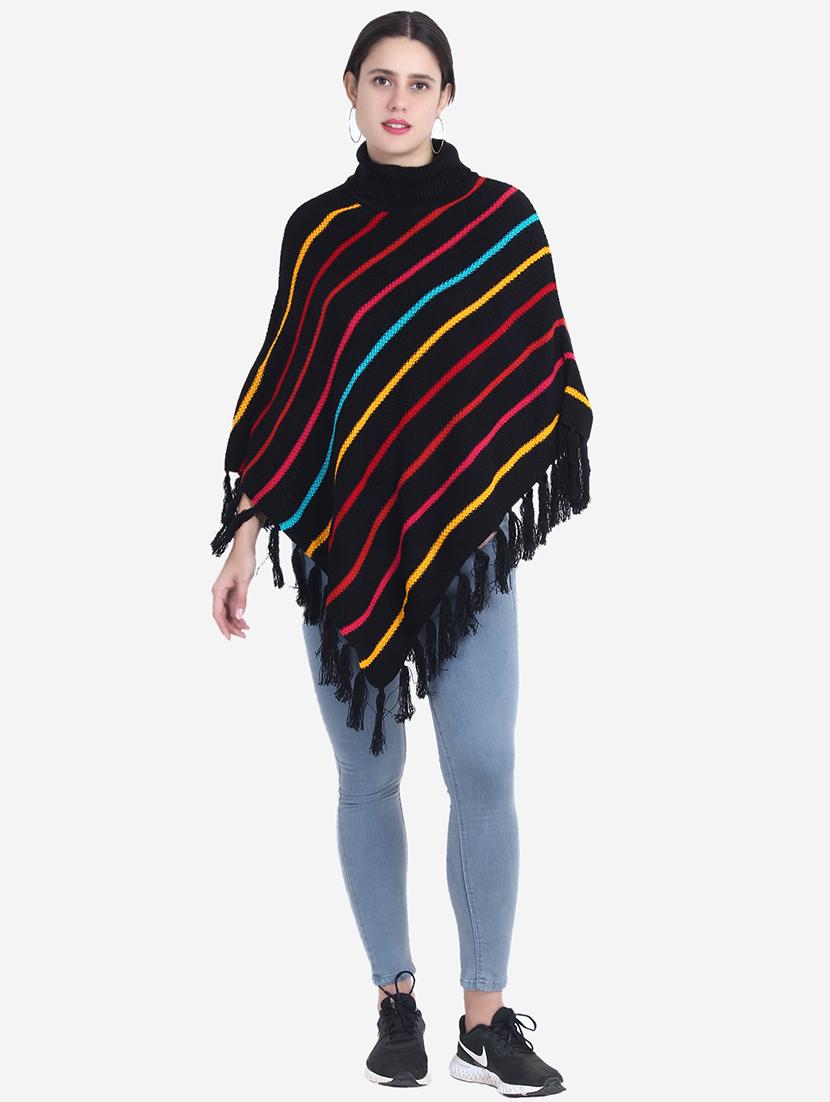 women striped high neck poncho - 21671959 - Standard Image - 5