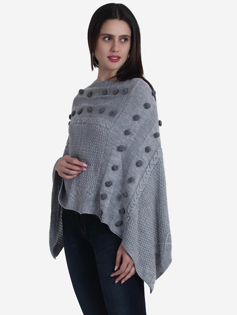 women grey self design ponchos - 21671963 - Standard Image - 3