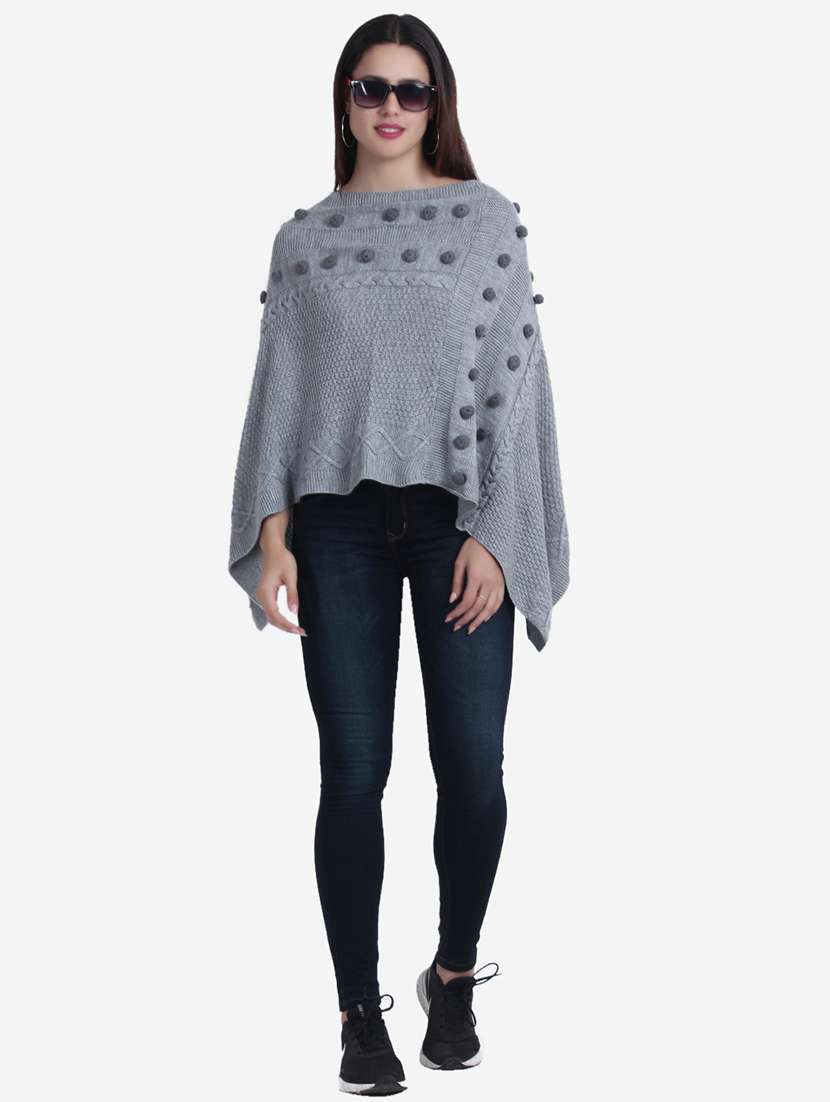 women grey self design ponchos - 21671963 - Standard Image - 5