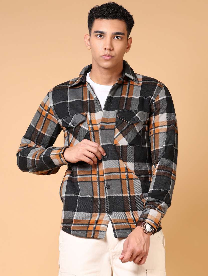 men long sleeves checkered shacket - 21672232 -  Zoom Image - 0