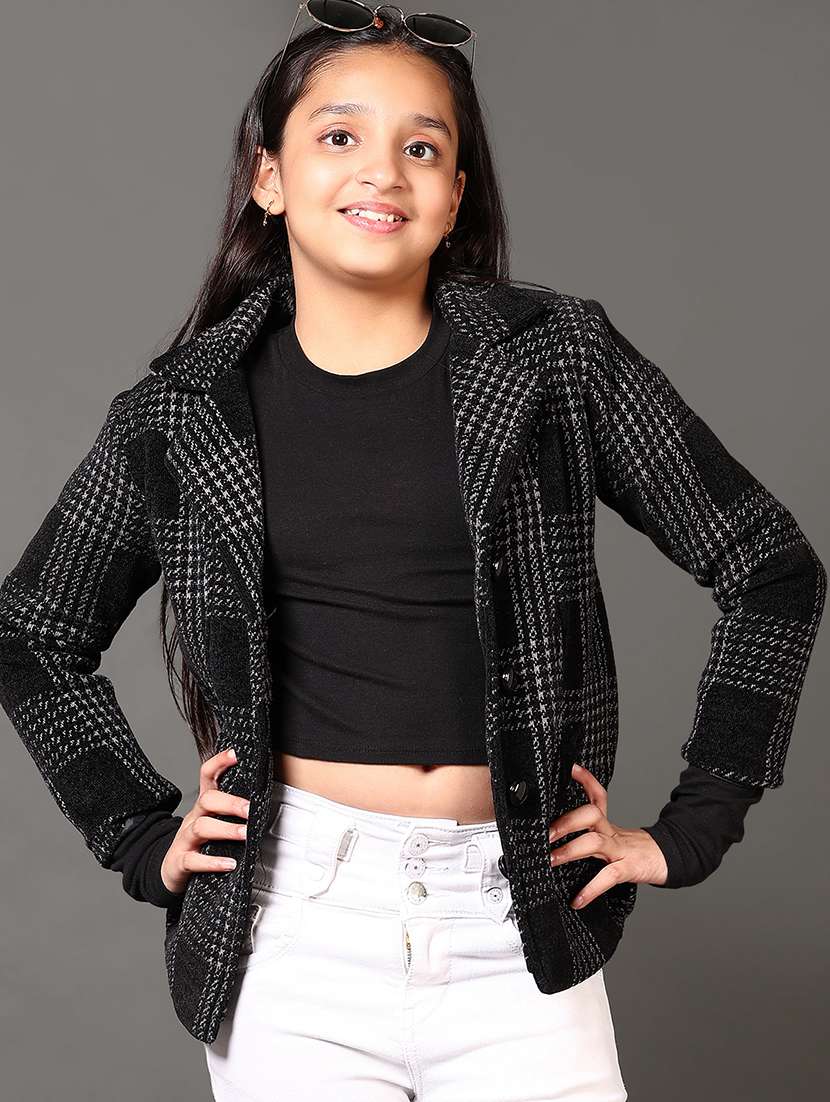 girls checkered long sleeve coat
