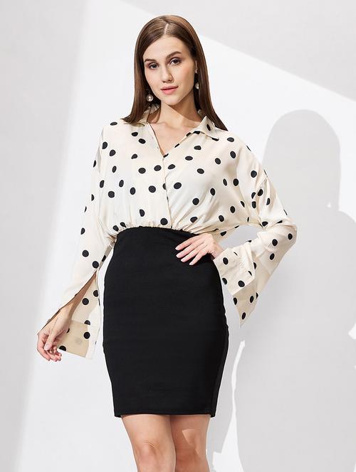 globus women white shirt collar cuffed sleeves polka dots satin gathered mini bodycon workwear dress - 21672390 - Standard Image - 0