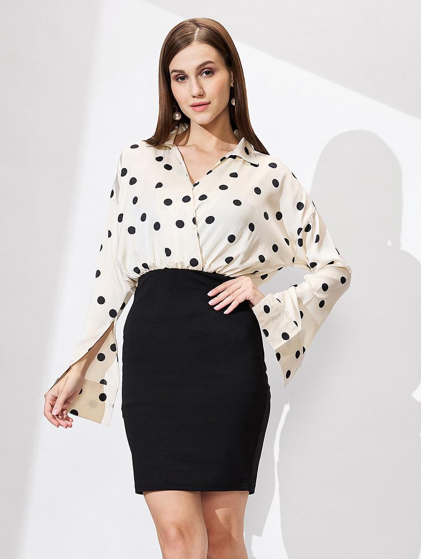 globus women white shirt collar cuffed sleeves polka dots satin gathered mini bodycon workwear dress - 21672390 - Zoom Image - 0