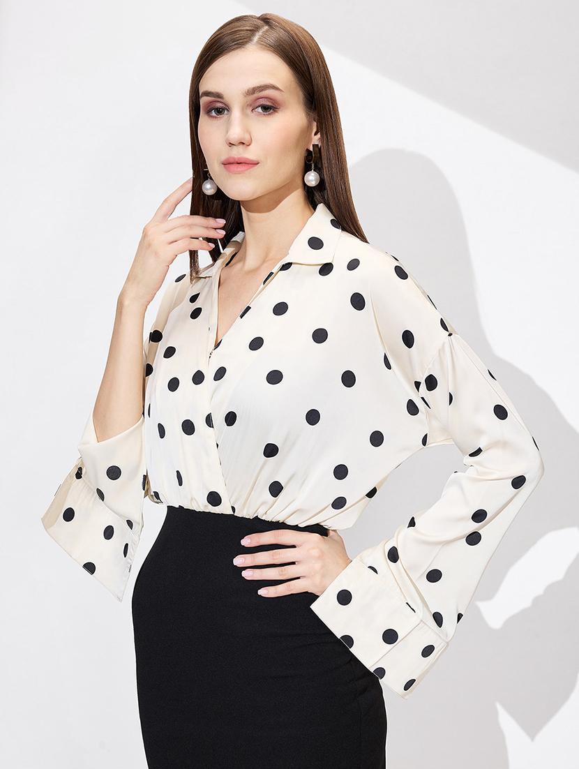 globus women white shirt collar cuffed sleeves polka dots satin gathered mini bodycon workwear dress - 21672390 - Standard Image - 3