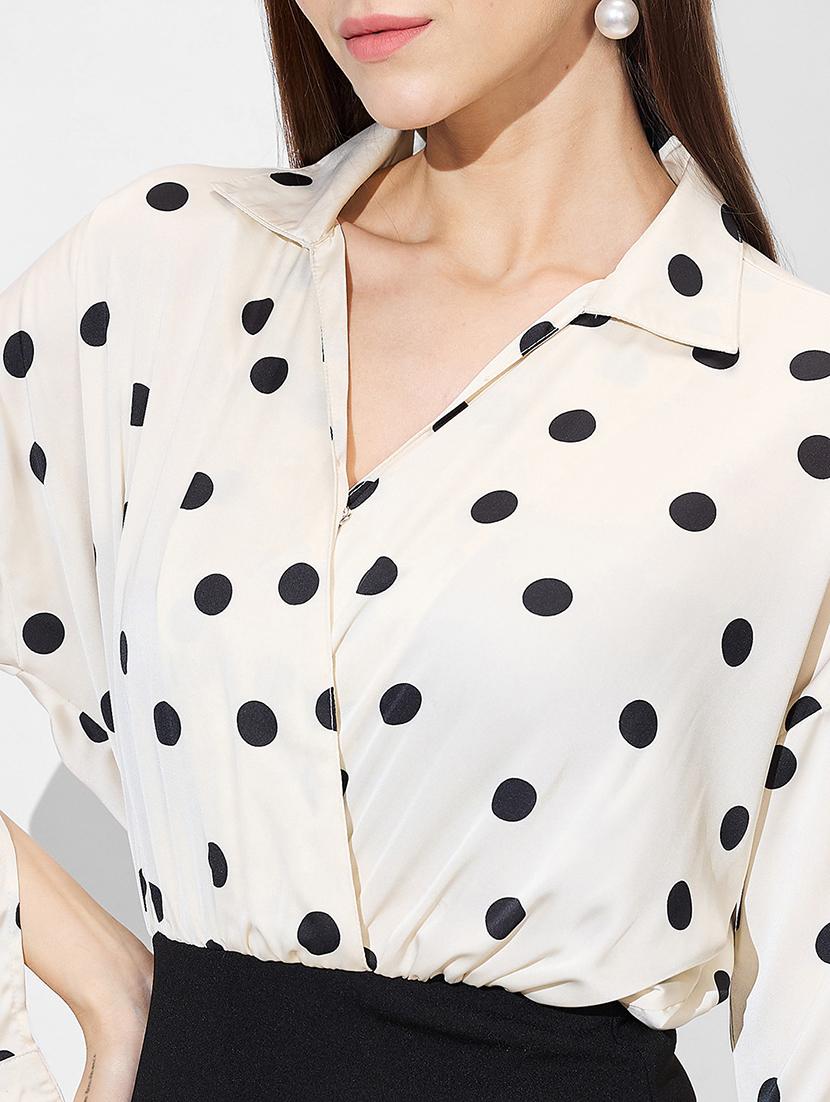 globus women white shirt collar cuffed sleeves polka dots satin gathered mini bodycon workwear dress - 21672390 - Standard Image - 5