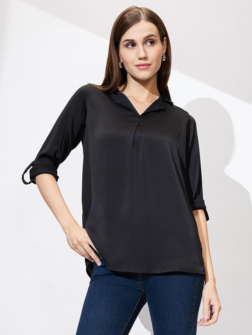 globus women black cuban collar roll up sleeves solid satin shirt style workwear top - 21672394 -  Standard Image - 0