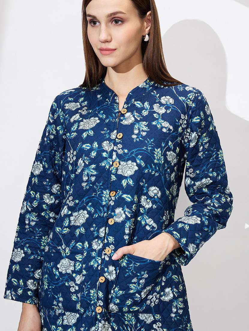 globus women blue mandarin collar long sleeves floral print quilted knee length curved hem reversible winter shrug - 21672398 - Standard Image - 5