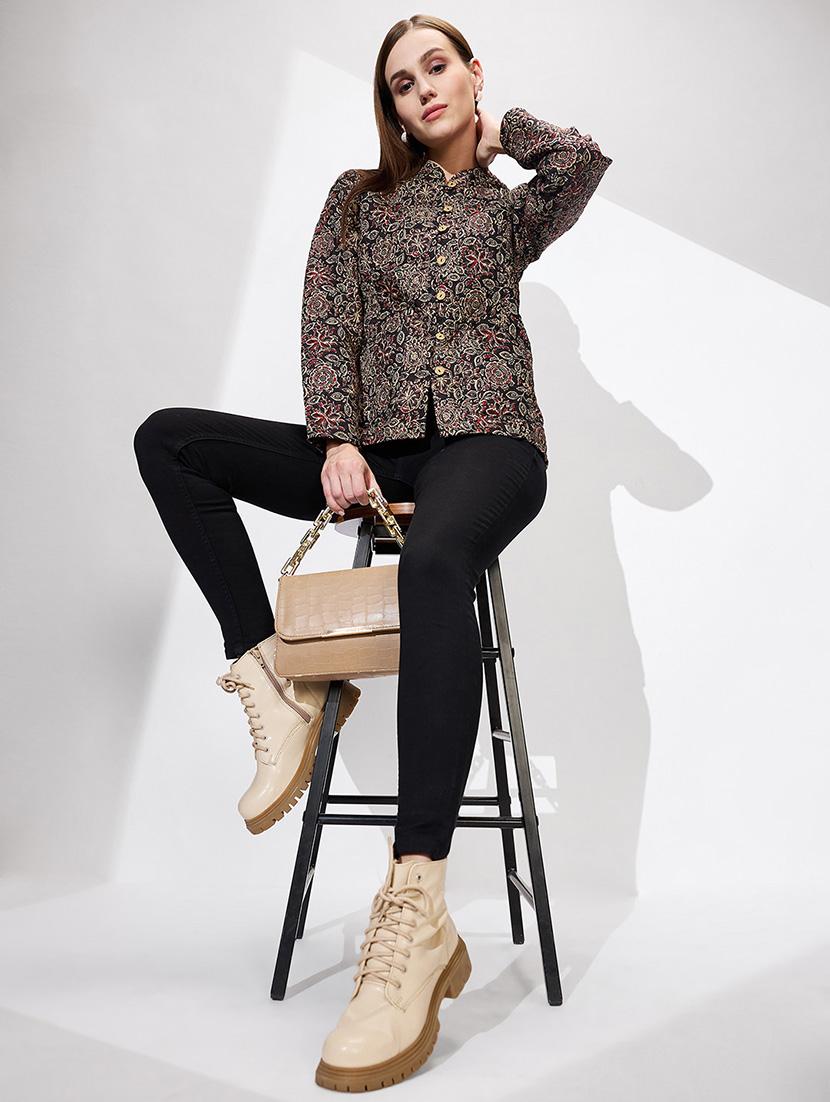 globus women black mandarin collar long sleeves floral print relaxed fit quilted reversible winter shrug - 21672399 - Standard Image - 5