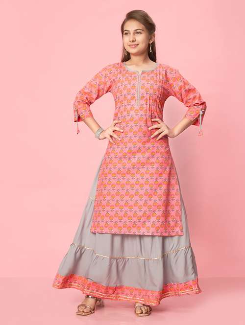 girls floral notch neck straight kurta - 21672949 - Standard Image - 0
