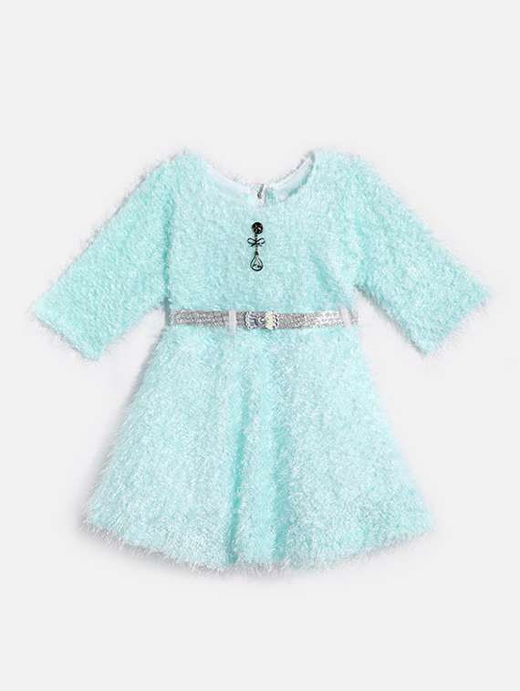 girls round neck self design woolen frock