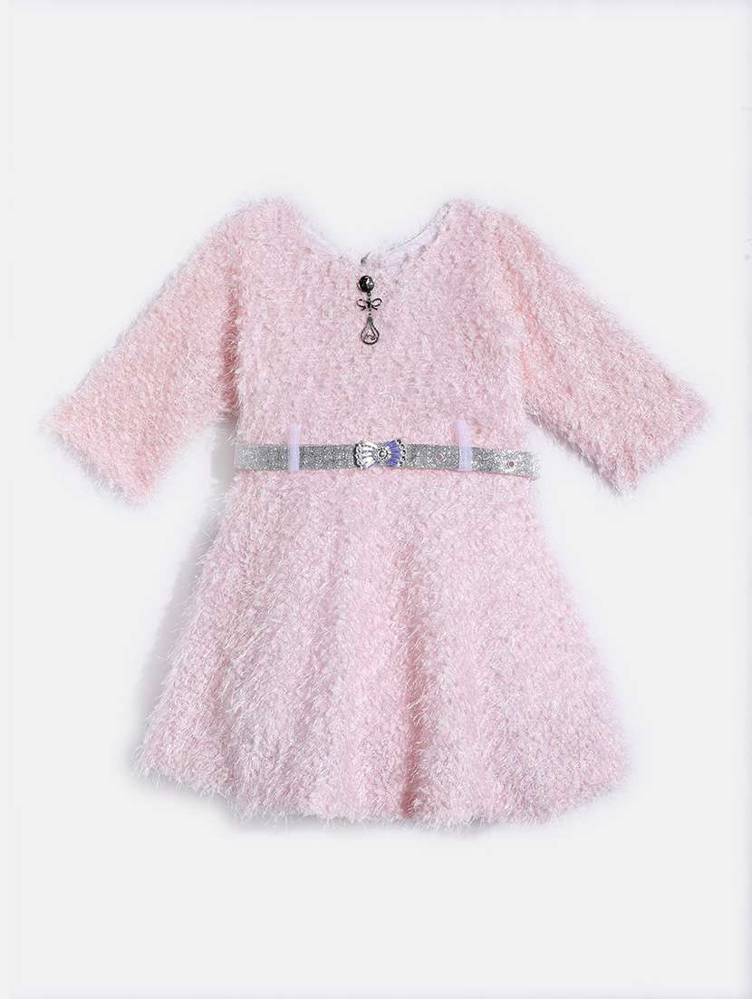 girls round neck self design woolen frock