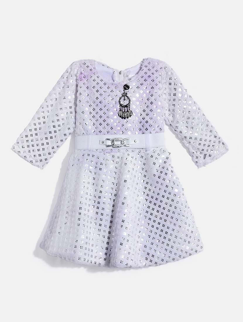 girls round neck self design woolen frock