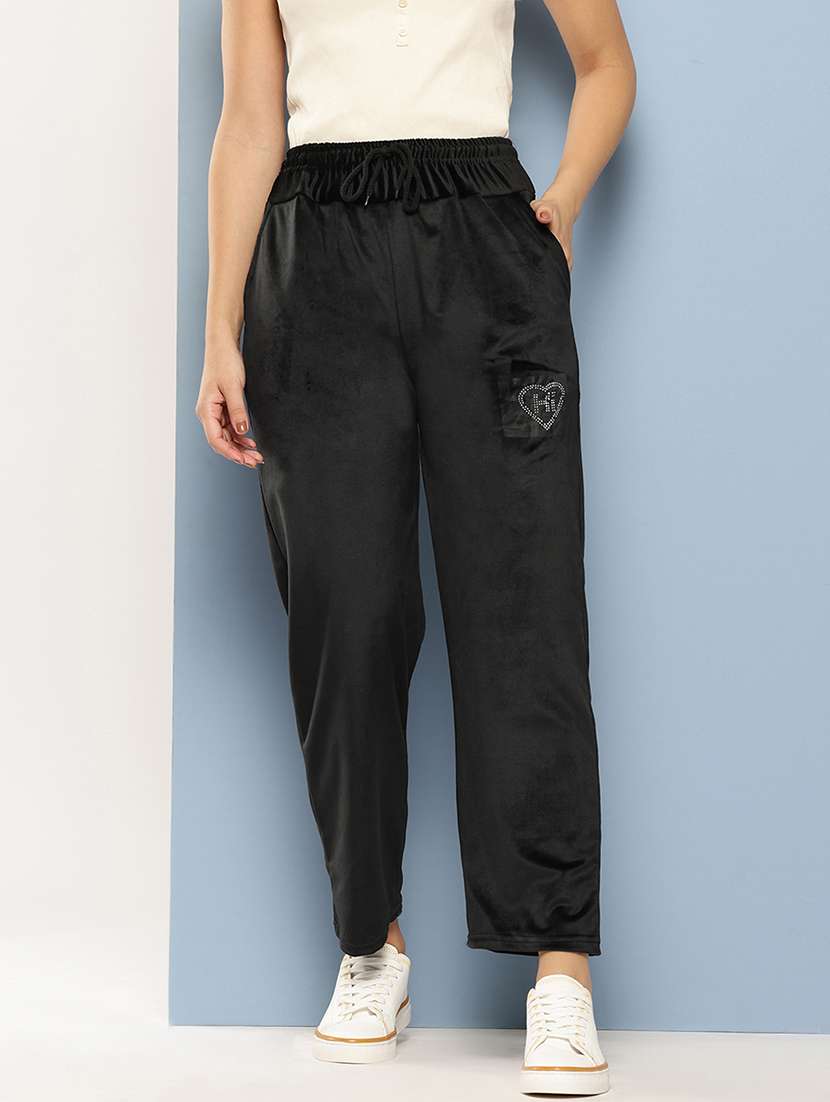 women solid high rise regular track pant