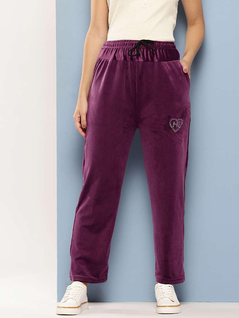 women solid high rise regular track pant