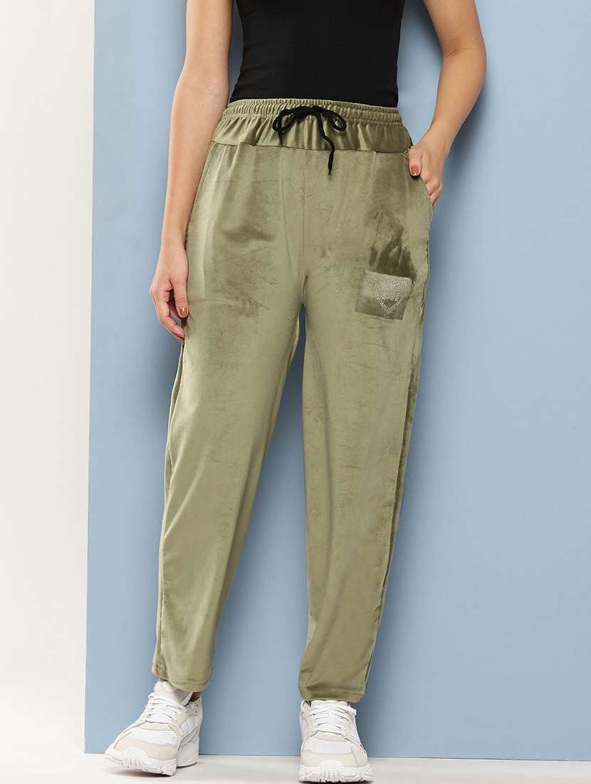 women solid high rise regular track pant