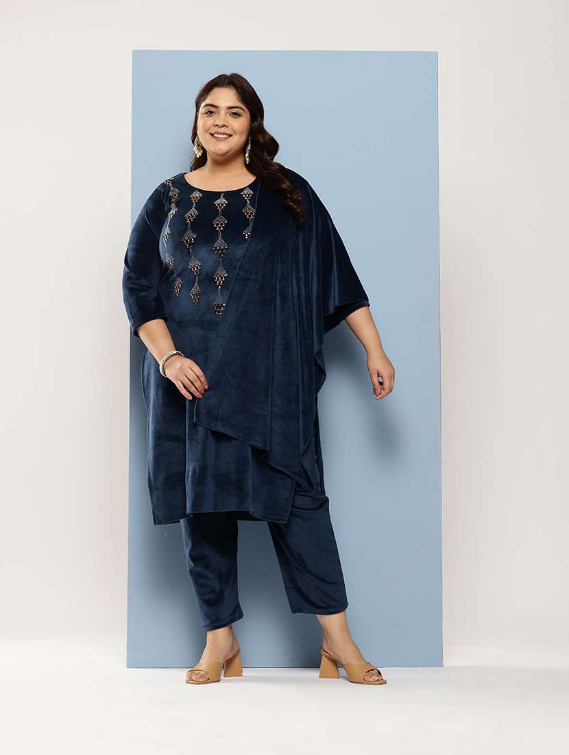 women plus size round neck kurta pant set with dupatta