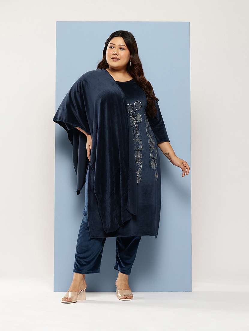 women plus size round neck kurta pant set with dupatta