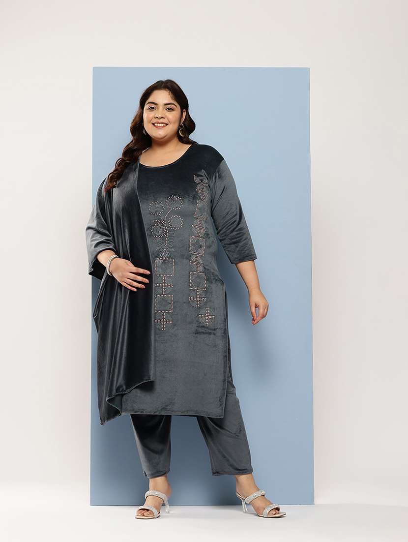 women plus size round neck kurta pant set with dupatta