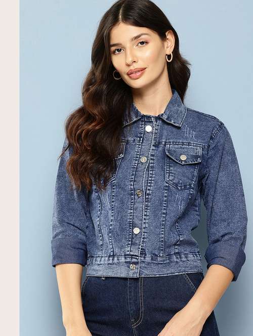 Women Collared Long Sleeves Denim Jacket