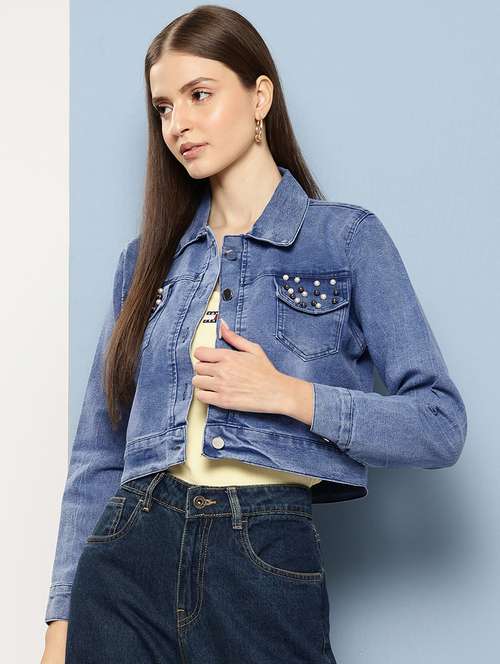 women collared long sleeves crop denim jacket - 21673097 -  Standard Image - 0
