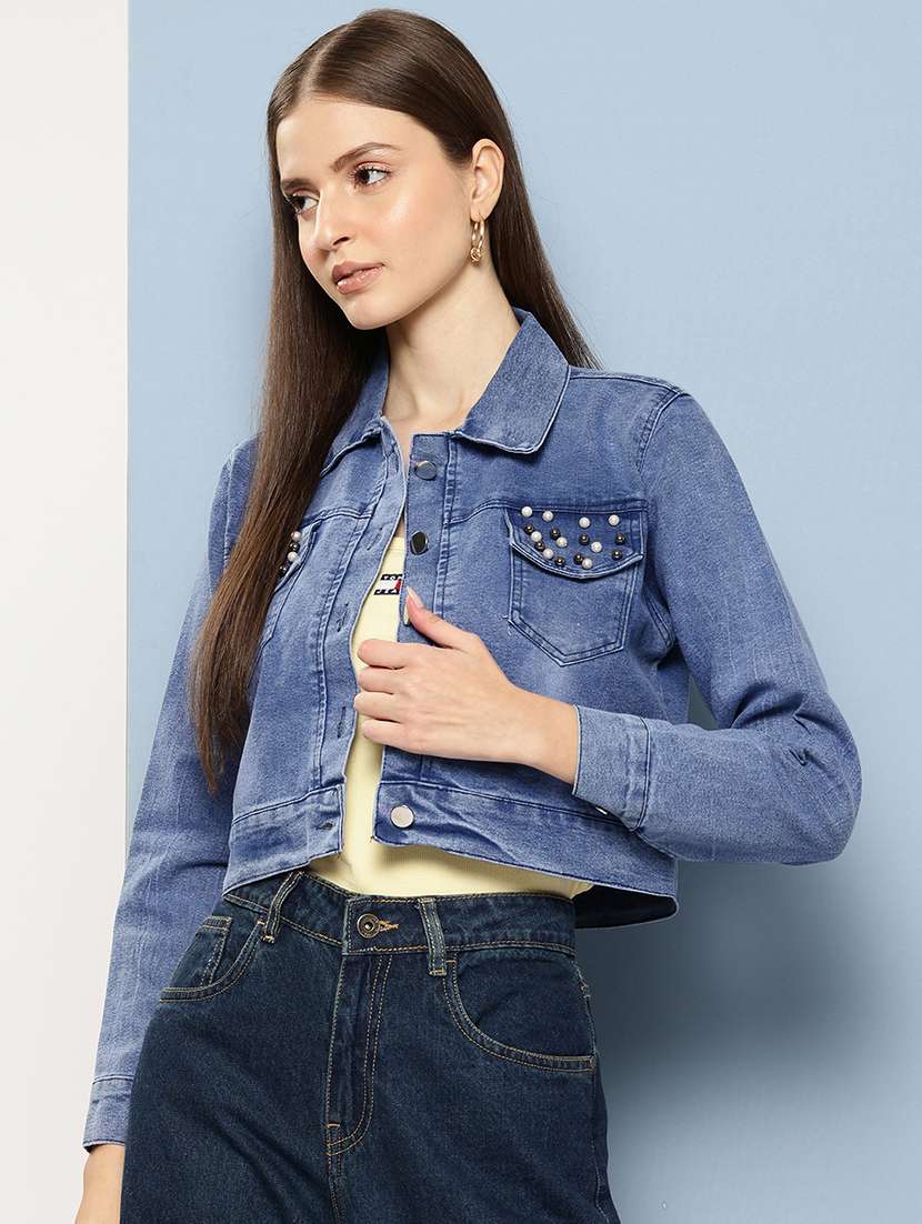 women collared long sleeves crop denim jacket - 21673097 -  Zoom Image - 0