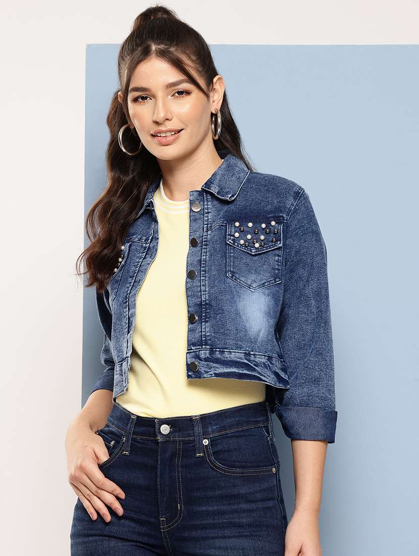 women collared long sleeves crop denim jacket - 21673098 -  Zoom Image - 0